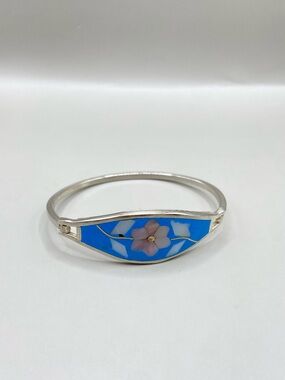 Vintage Alpaca Mexico Silver Tone Floral Inlay Hinged Cuff Bracelet